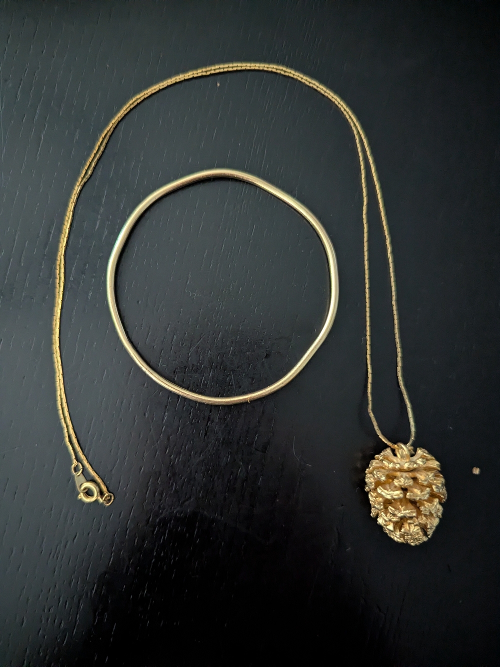 Gold-Tone Pinecone Pendant Necklace with Matching Bangle